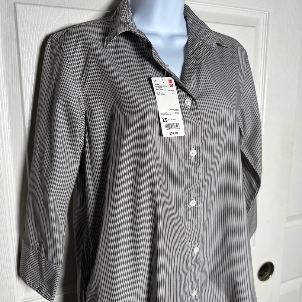 Uniqlo Women’s XSmall Brown Shirt Dress Oversize 100% Cotton Pinstripe Office - Picture 5 of 14